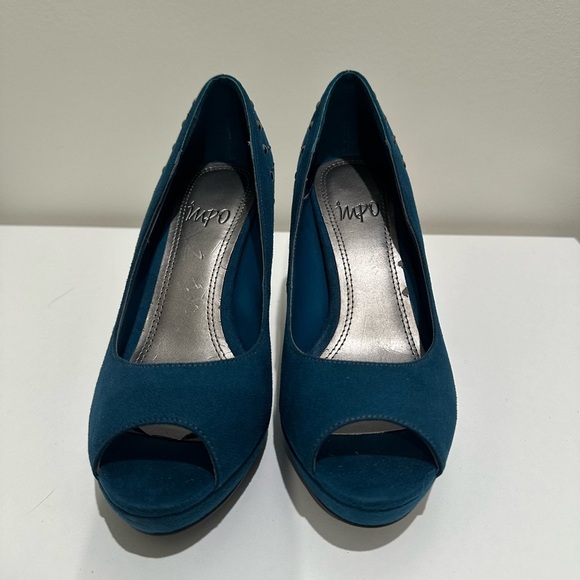 Impo Teal Suede Peep-Toe Heels with Studded Detail - Picture 2 of 9